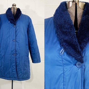 Vintage Winter Coat Puffy Puffer Haband Quilted Blue Jacket Hipster Faux Fur Collar Cozy 1980s 1990s Plus Curvy Volup XXL XL 2XL 2X 
