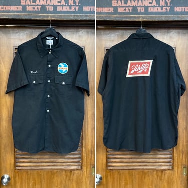 Vintage 1950’s Size XL “Schlitz Beer” Jet Black Cotton Bowling Rockabilly Shirt, Original, 50’s Vintage Clothing 