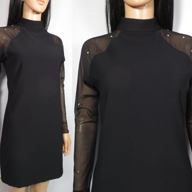 Vintage 80s/90s Mounted Rhinestone Sheer Sleeve And Back Mock Neck Little Black Dress Stretchy Bodycon Dress Made In USA Size M 