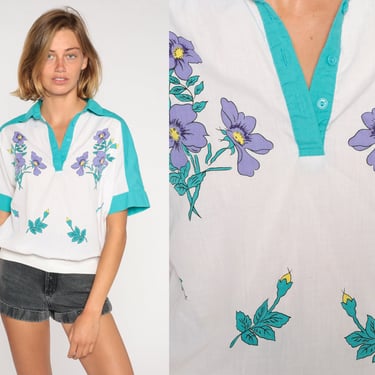 Floral Top 90s Polo Shirt White Flower Print Blouse Blue Striped Collared Banded Hem Quarter Button Up Top Retro Vintage 1990s Small Medium 