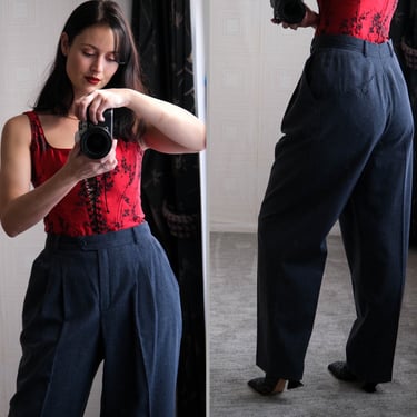 Vintage 90s ESCADA Heather Indigo Gabardine High Waisted Slacks | Made in West Germany | 100% Wool | 1990s ESCADA Designer Pleated Slacks 