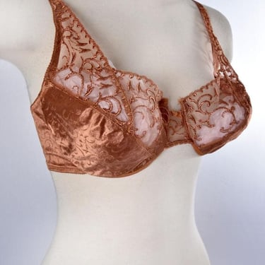 36C Christian DIOR Bra, Satin, Lace, Underwire, Push Up, Copper, Brown Designer Vintage Lingerie 1980's Center Logo 