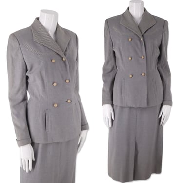 1940s womens skirt suit size 8, vintage 40s gray wool skirt suit, WWII blazer jacket skirt set outfit M Marjorie Grant 