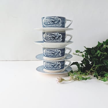 3 Currier & Ives Blue White Tea Cup Saucer/ Royal China Co/Mid Century /USA 1960s Americana /Steamboat Carriage/Low Water in the Mississippi 
