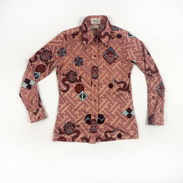 1970s Porter House by Regina Porter Allover Dragon Print Geometric Psychedelic Shirt / Dagger Collar / Medium / Brown and Blue / Poly Print 