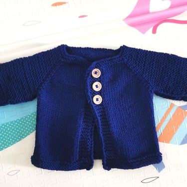 Handmade Baby Cardigan, 100% Merino Wool, Size 68 – Blue Knit Sweater with 3 Buttons 