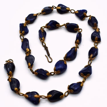 60's sodalite fruit & brass leaves hippie necklace, free form blue stone matinee length necklace 