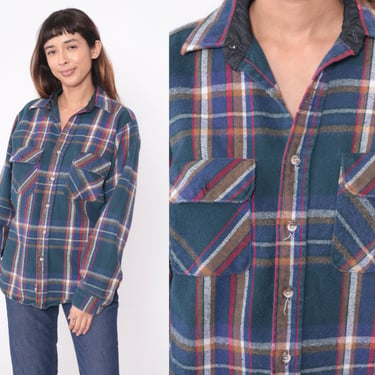 90s Flannel Shirt Teal Red Blue Plaid Button up Shirt Grunge Lumberjack Long Sleeve Checkered Print Cotton Vintage 1990s Medium Large 