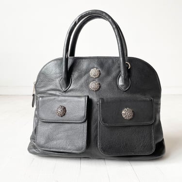 Vintage Black Leather Top Handle Bag with Pockets and Metal Buttons 