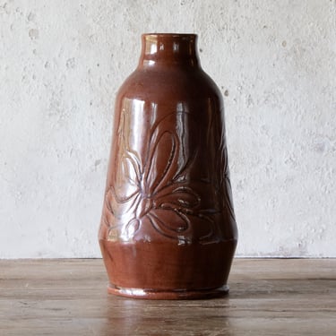 Studio Pottery Vase, 8" Tall Signed Bud Vase, Stoneware Vessel with Leaf Design 