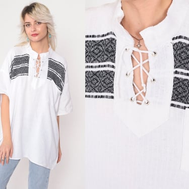 White Tunic Top Embroidered CORSET Shirt Lace Up Blouse 90s Hippie Shirt Bohemian Black Festival Boho Top 1990s V Neck Short Sleeve Large xl 