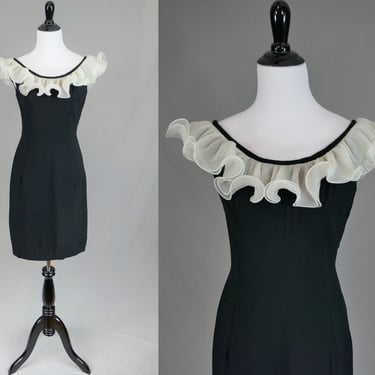 60s Little Black Dress - Big White Ruffle Collar - Sleeveless LBD - Party Dress - Vintage 1960s - S 