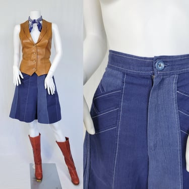 1970's Navy Blue Patchwork Crinkle Cotton High Rise Wide Leg Gaucho Pants I Sz Med 