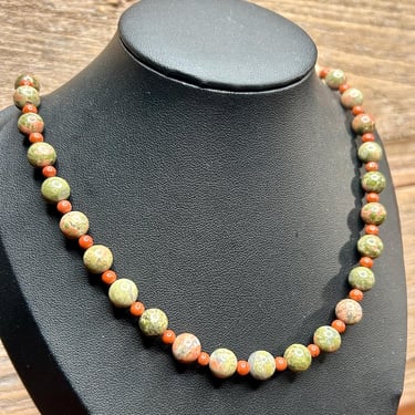 Handmade Unakite Beaded Necklace Green and Pink Stones Crystal Healing Jewelry 