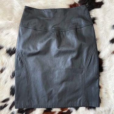 Vintage High Waisted Black Leather Pencil Skirt -- Size 31 