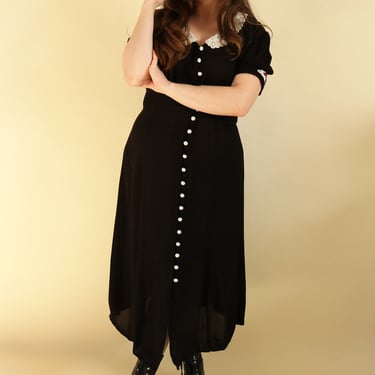 Vintage 90's Black Crinkle Button Down Lace Collar Midi Dress With Corset Back 