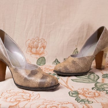 1930s Shoes - Size 5 1/2 - Chic Vintage Iguana Skin Late 30s Babydoll Pumps by Tweedies 