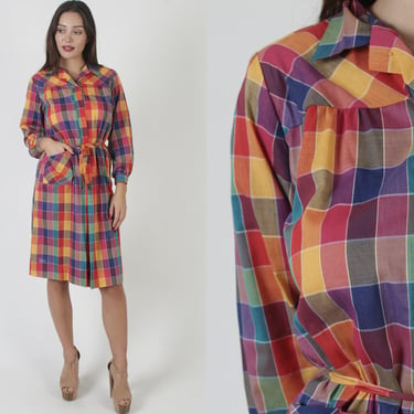 Rainbow Plaid Dress / Checker Print Button Up Dress With Pockets / Matching Waist Tie Belt Included / Summer Picnic Midi Frock 