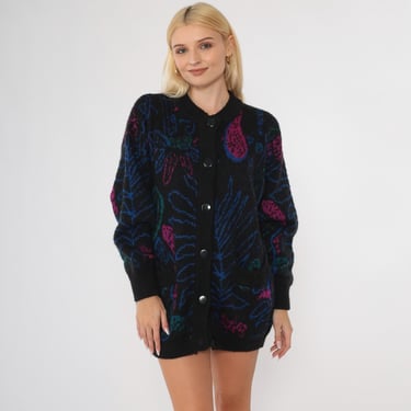 Vintage Paisley Cardigan Sweater 80s 90s Black Abstract Floral Wool Acrylic Blend Button Up Knit Retro Magenta Blue Oversized Medium 