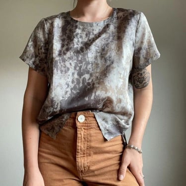 Eileen Fisher Short Sleeve Shirt Top Blouse 100% Tie Dye Brown Gray Sz M 