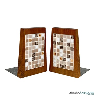 Mid-Century Atomic Mosaic Tile & Teak Library Bookends - A Pair