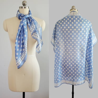 1950s Large Silk Scarf in Baby Blue and White Polka-dots by Sally Gee Silk Scarves - 50s Vintage Accessories - 50s Pinup Fashion 