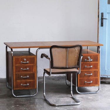 Bauhaus desk with tubular steel frame by Kovona in honey brown 