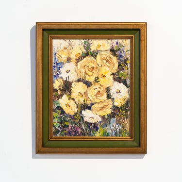 Vintage 1977 Impasto Oil Painting of Yellow Flower Bouquet // Ready to Hang Original Floral Wall Art // Artist Signed 