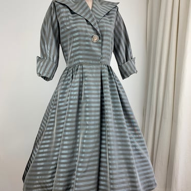 1950's Taffeta Dress - Two-Tone Stripe - Nipped Waist - Full Skirt -  3/4 Cuffed Sleeves - 28 Inch Waist 