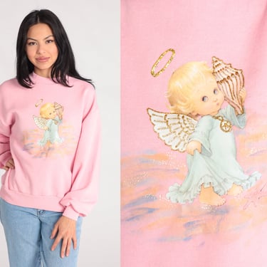 Baby Angel Sweatshirt Pink 90s Sweatshirt Christian Kawaii Graphic Sweatshirt 1990s Vintage Pullover Jumper Beach Seashell Jerzees Large 