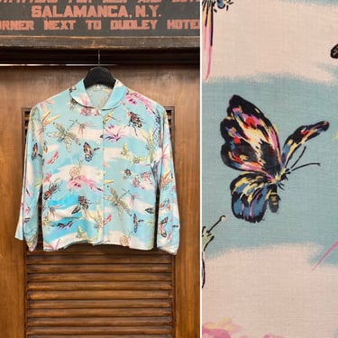 Vintage 1950’s Insect Bug Print Rayon Hawaiian Rare Blouse Shirt, 50’s Chore Jacket, 50’s Nature Print, Vintage Custom, Vintage Clothing 