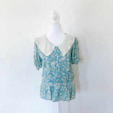 80s/90s Light Blue Green Floral Rayon Peplum Button Down Blouse with Cream Embroidered Collar | Small/Medium 