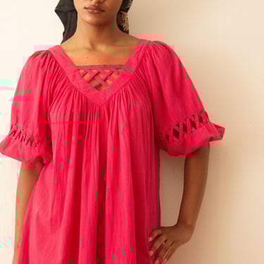 Late 1970s Indian Cotton Latticework Cotton Dress 