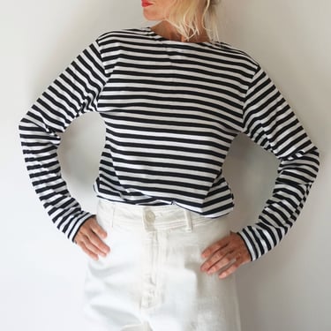 Vintage French Stripes Black And White Cotton T-Shirt | Boat Neck Long Sleeve Top | Perfect Sailor Mariniere | Breton Shirt 