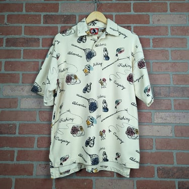 Vintage 90s Collared Disney Fishing and Camping Pattern ORIGINAL 1/4 Button Down Shirt - Extra Large 