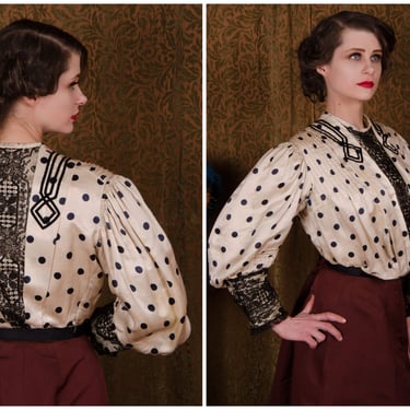 Edwardian Blouse - Antique Early 1900s Pigeon Breasted Breasted Blouse in Silk with Polka Dots and Lace Wounded Bird 