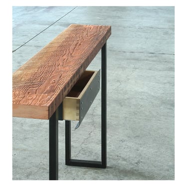 console - high table - hall table - industrial modern console from reclaimed wood and recycled content steel - desk with drawer 