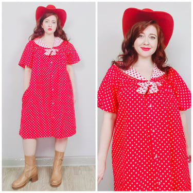 1980s Vintage All Day Red Polka Dot Nautical Lounge Dress / 80s Poly Cotton Lolita Sailor Collar House Dress / Size 1 X 
