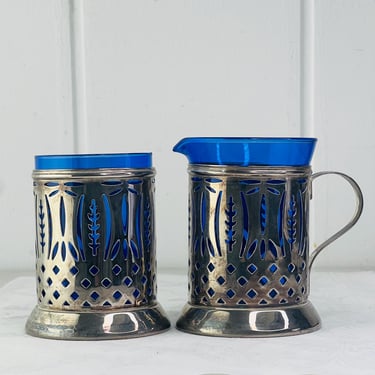 Vintage Silver and Blue Cream and Sugar, Pierced Silver plated with Cobalt Blue Glass Inserts, for serving, 1960s tableware, wedding, gift 