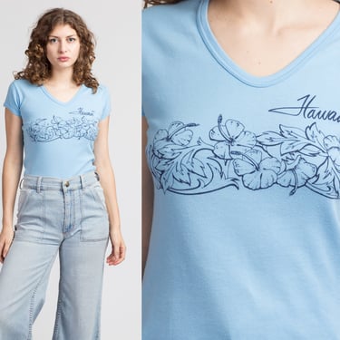 70s Floral Hawaii Fitted T Shirt - Small to Medium | Vintage Women's Blue Graphic Tourist Tee 