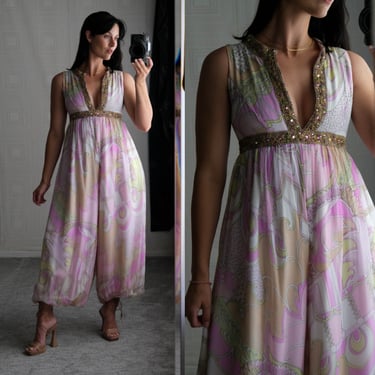 Vintage 60s Pink Silk Pucci Style Print Harem Jumpsuit w/ Crystal Jeweled Soutache Trim | 1960s Ethereal Psychedelic Designer Silk Jumpsuit 