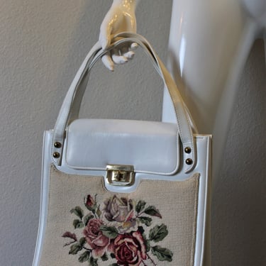 Vintage 1950's 60s LARGE LEATHER Kelly Bag Faye Mell Design Vtg top handle White Cream Tapestry Needlepoint Roses Flowers 