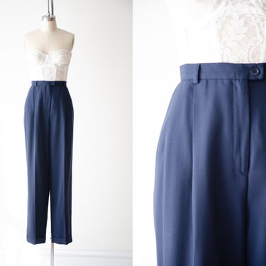high waisted pants | 90s vintage Evan Picone navy blue worsted wool dark academia pleated trousers 