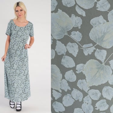 Botanical Maxi Dress Y2K Leaf Print Dress Grey Blue Boho Short Sleeve Summer Dress Vintage 00s Liz Claiborne Large 