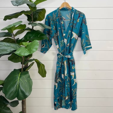 Women's Cotton Kimono Robe | Block Printed | Sapphire Safari