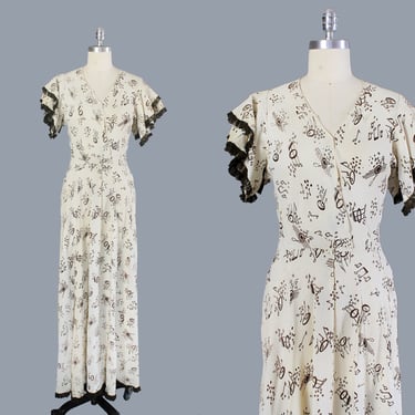 1930s Dress/ 30s Sheer Pinwheel Embroidered Gown / Peter Pan Collar / Button Front 