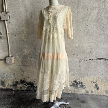 Antique 1920s Cream Embroidered Net & Lace Dress Pink Ribbon Midi Ruffle Vintage