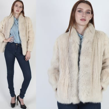 80s Rose Champagne Mink Fur Jacket / Plush Ivory Arctic Fox Cropped Coat / Womens Luxurious Ivory Blonde Suede Corded Coat 