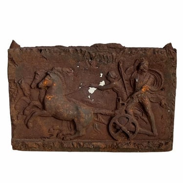 Large Antique Cast Iron Fireplace Fireback Architectural Relief Panel With NeoClassical Greco Roman Chariot Scene 18th / Early 19th Century 