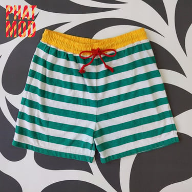 Easy Comfy Vintage 80s 90s Green & White Stripe Shorts with Yellow Red Color Blocking 
